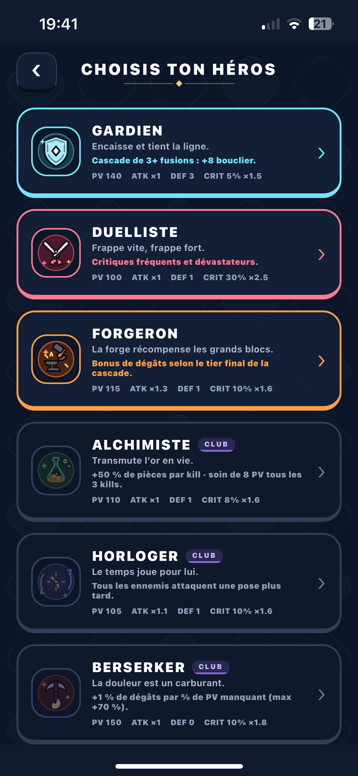 Écran de sélection de héros avec les six classes : Gardien, Duelliste, Forgeron, Alchimiste, Horloger, Berserker