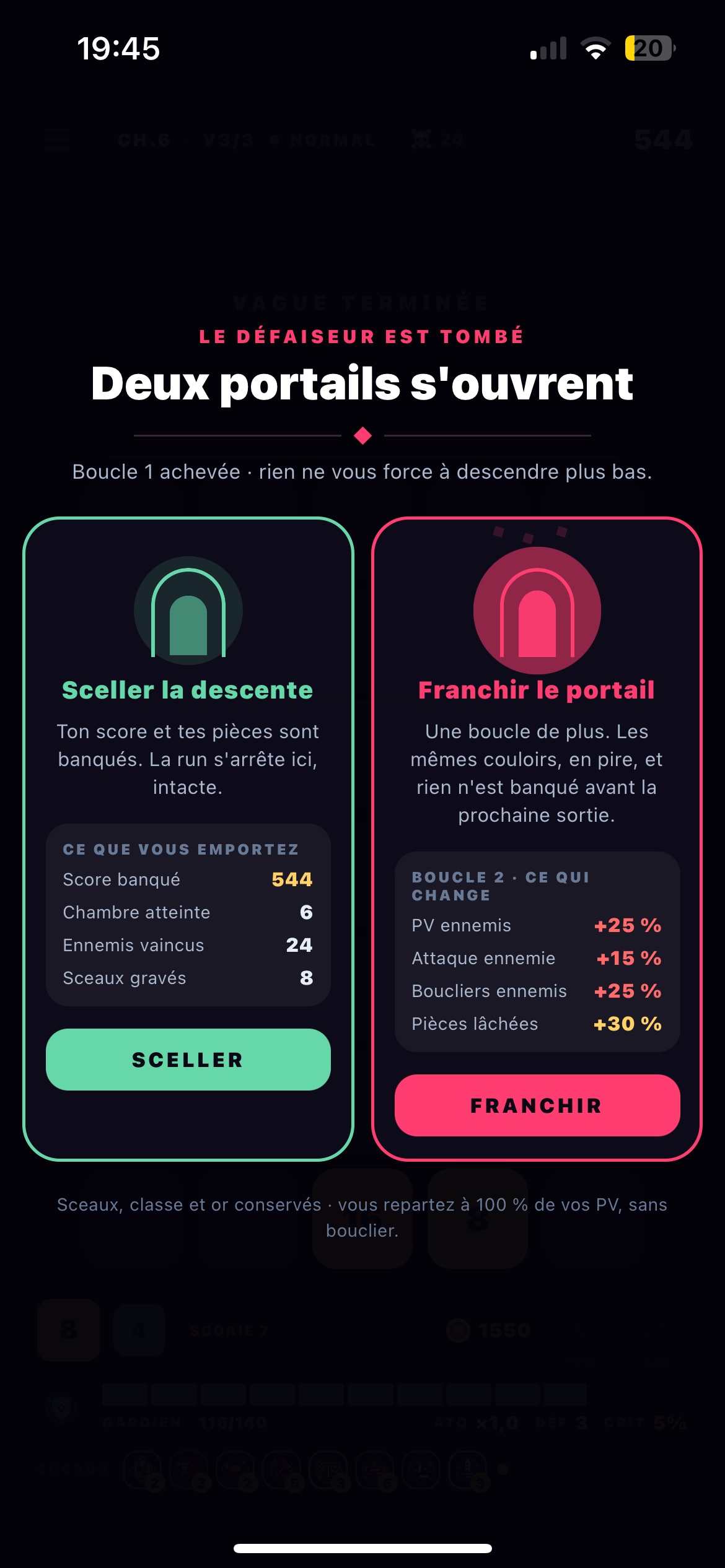 Écran de fin de boucle proposant deux portails : Sceller la descente ou Franchir le portail suivant