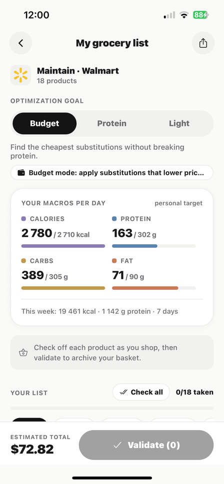 Nutricart grocery list screen