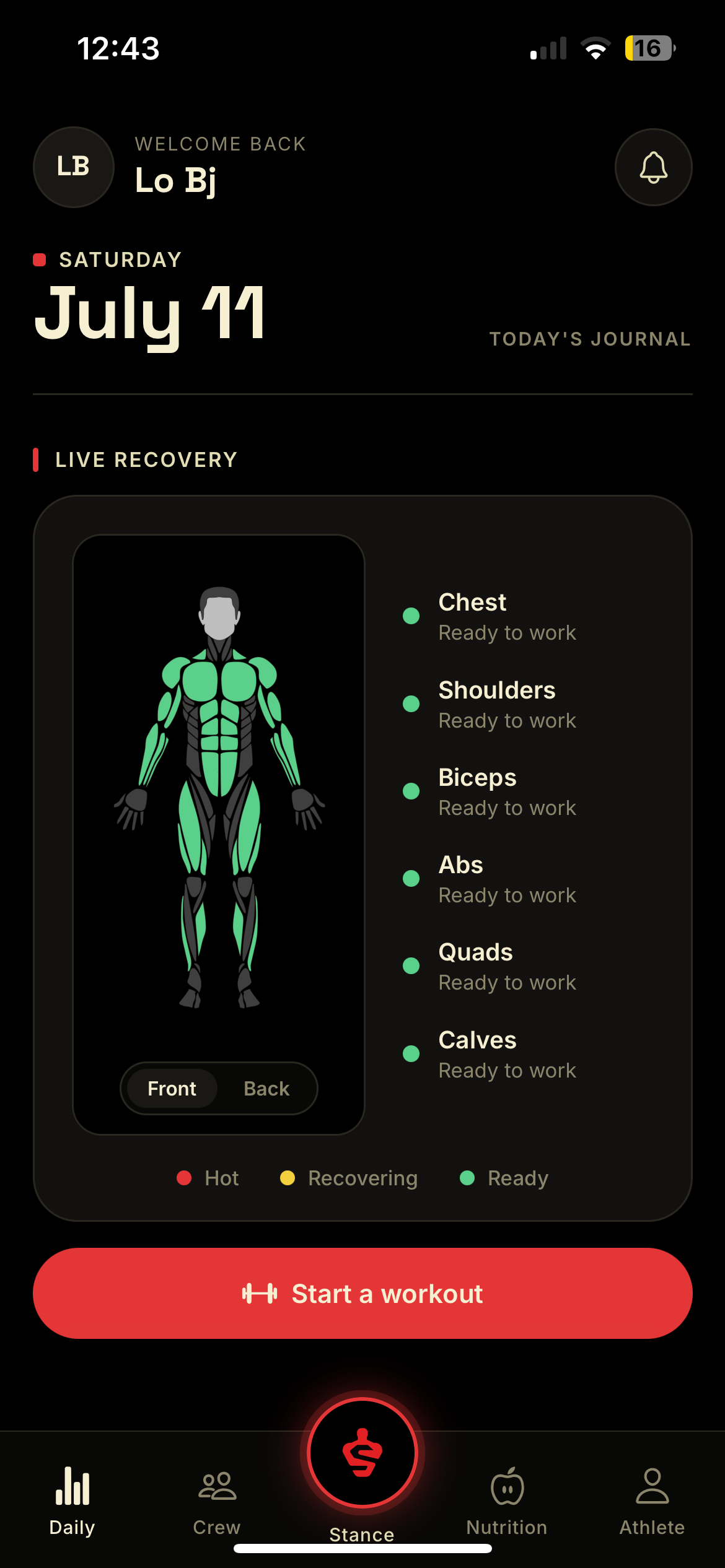 Stance Daily recovery dashboard