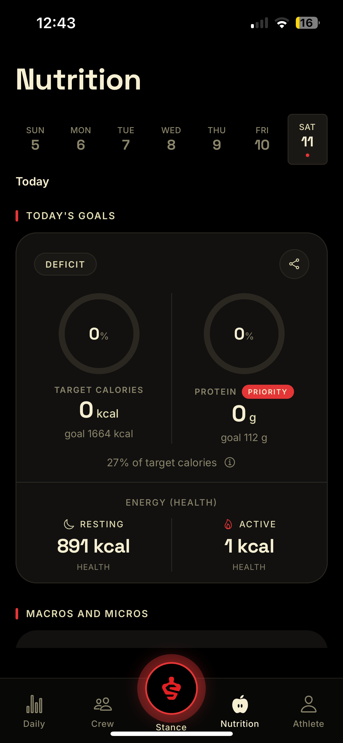 Stance nutrition goals dashboard